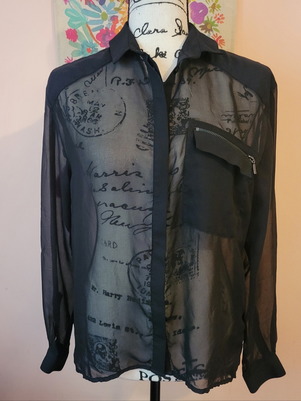 Topshop Black Button Down Blouse, Zipper Pocket, V-Shaped Back Cut Out, 2